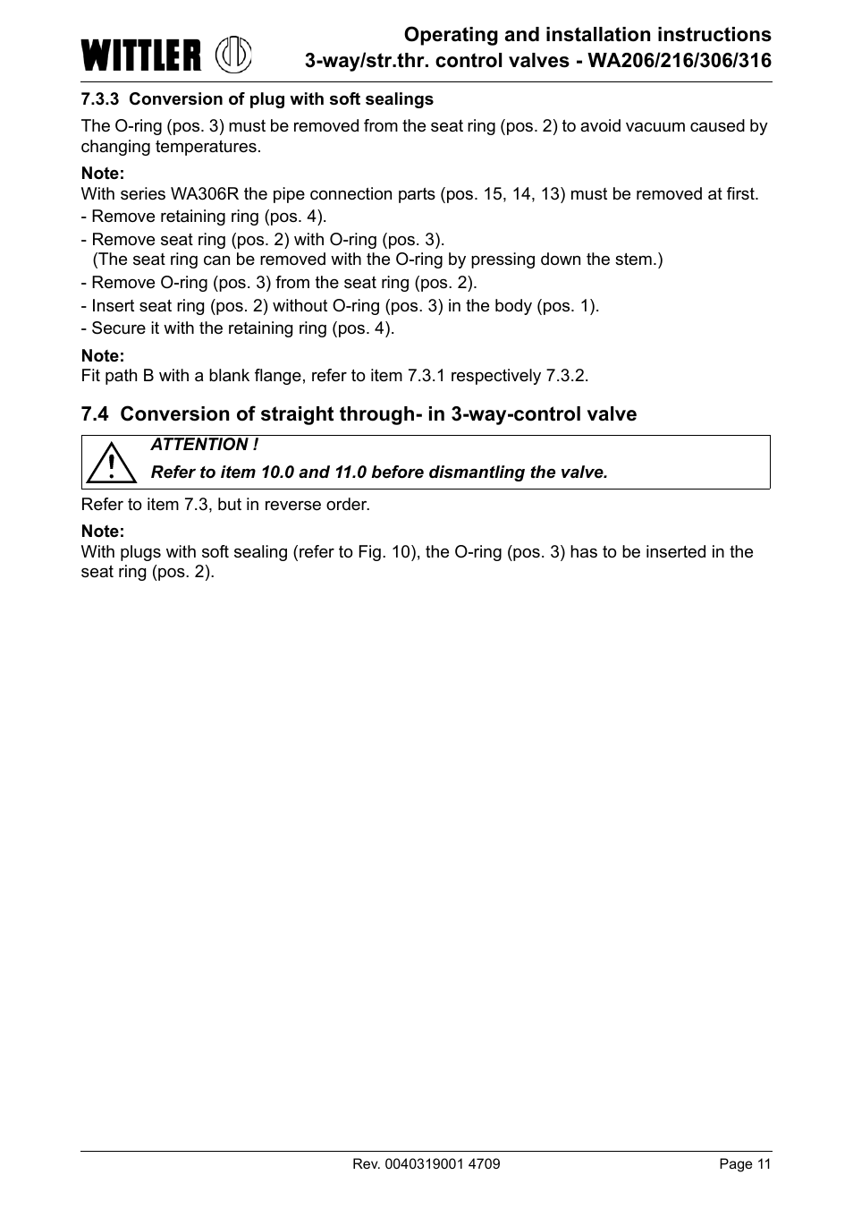 3 conversion of plug with soft sealings, 4 conversion of straight through, In 3-way-control valve | ARI Armaturen WA 206R EN User Manual | Page 11 / 14