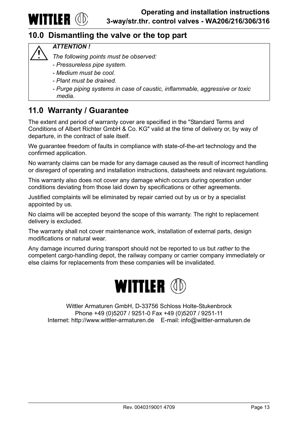 0 dismantling the valve or the top part, 0 warranty / guarantee, Read item 10.0 and 11.0 prior | ARI Armaturen WA 206R EN User Manual | Page 13 / 14