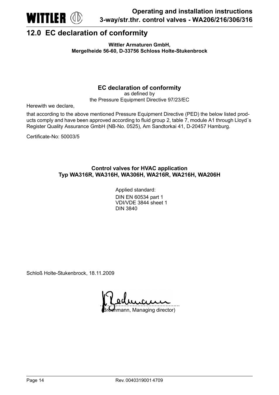 0 ec declaration of conformity | ARI Armaturen WA 206R EN User Manual | Page 14 / 14