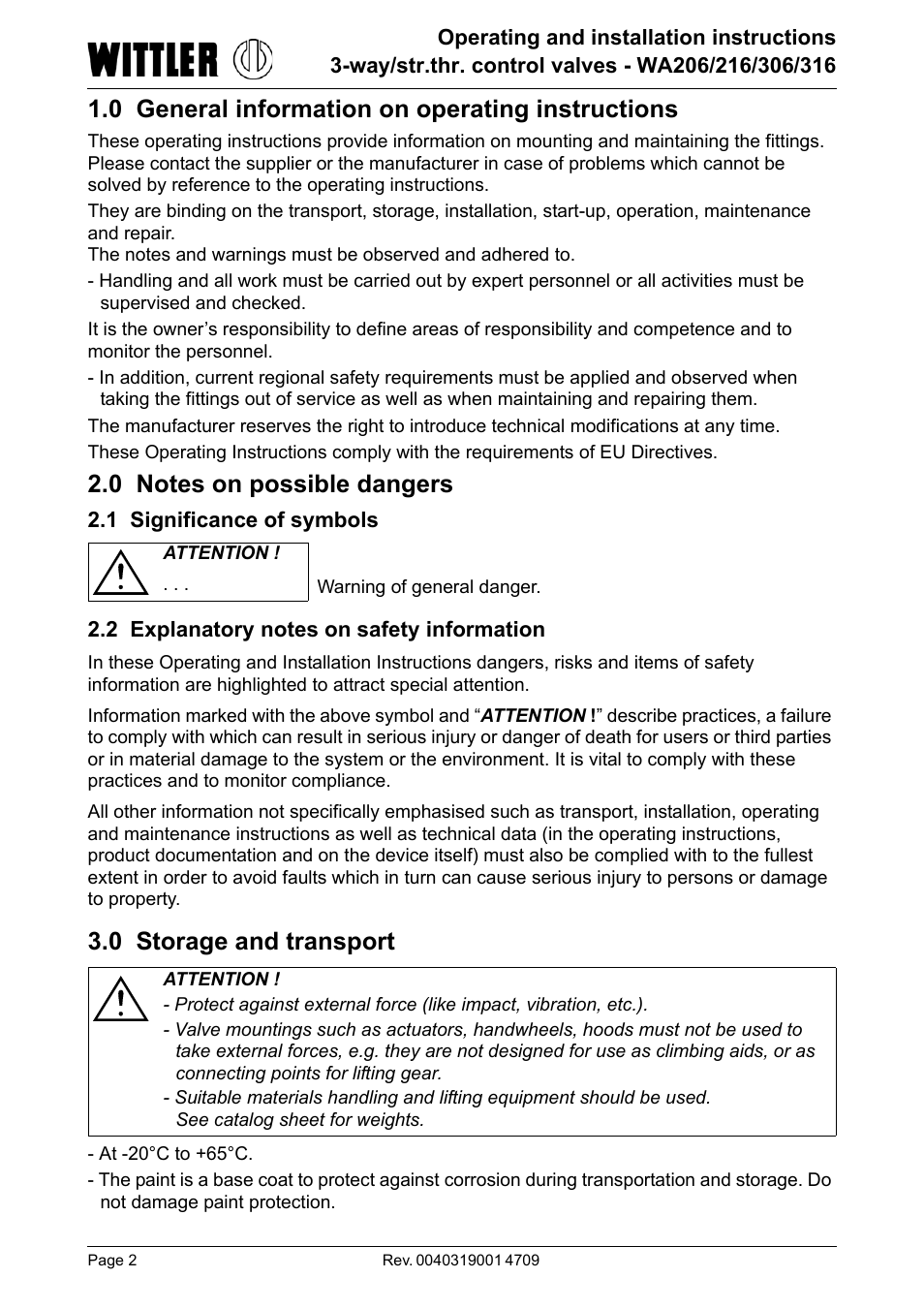 0 general information on operating instructions, 0 notes on possible dangers, 1 significance of symbols | 2 explanatory notes on safety information, 0 storage and transport, 0 general information on operating, Instructions | ARI Armaturen WA 206R EN User Manual | Page 2 / 14