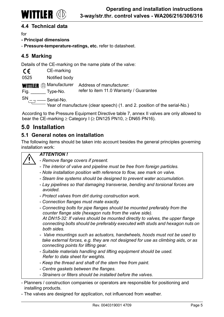 4 technical data, 5 marking, 0 installation | 1 general notes on installation, 4 technical data 4.5 marking | ARI Armaturen WA 206R EN User Manual | Page 5 / 14