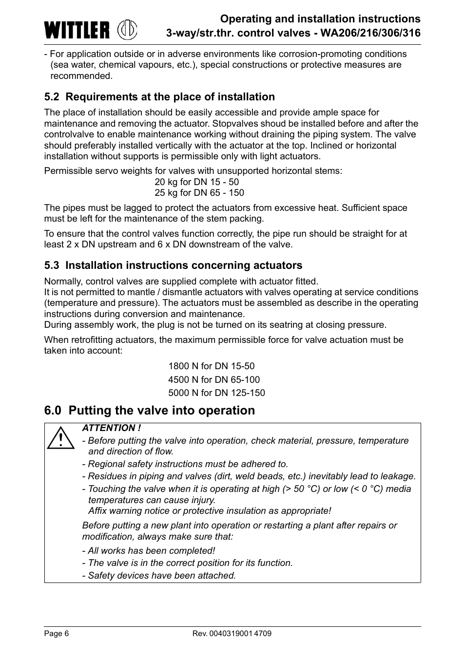 2 requirements at the place of installation, 3 installation instructions concerning actuators, 0 putting the valve into operation | ARI Armaturen WA 206R EN User Manual | Page 6 / 14