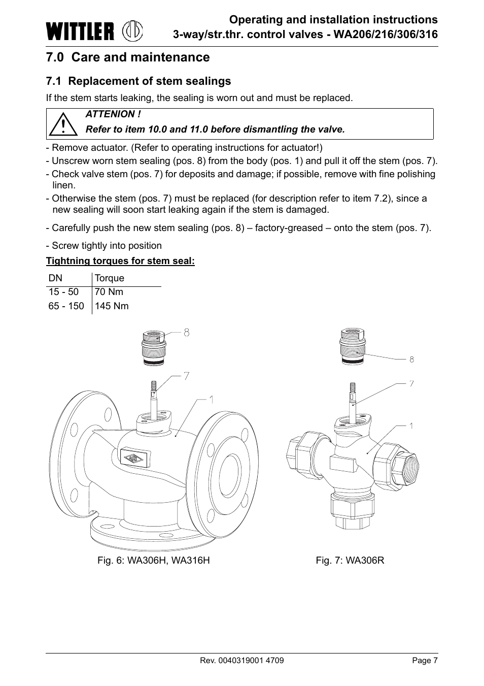 0 care and maintenance, 1 replacement of stem sealings | ARI Armaturen WA 206R EN User Manual | Page 7 / 14