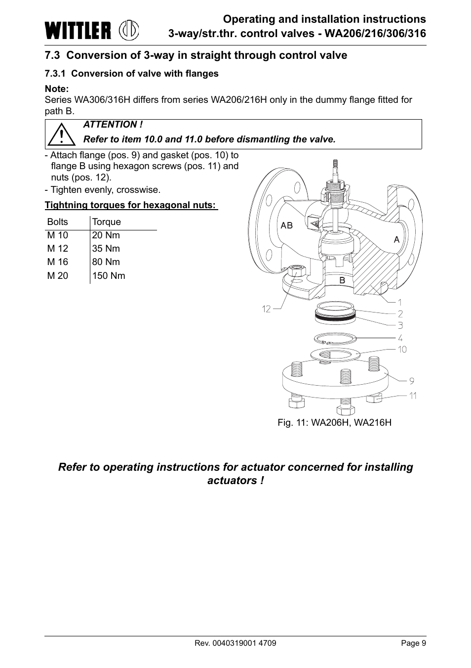 1 conversion of valve with flanges, 3 conversion of 3-way in, Straight through control valve | ARI Armaturen WA 206R EN User Manual | Page 9 / 14