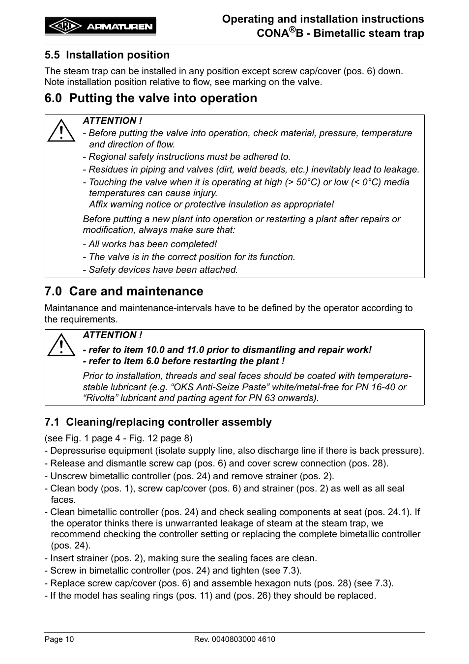 5 installation position, 0 putting the valve into operation, 0 care and maintenance | 1 cleaning/replacing controller assembly, Be extended (see 7.1), Ter acid cleaning (see 7.1), Refer to item 6.0 befo | ARI Armaturen CONA B PN630 EN User Manual | Page 10 / 15