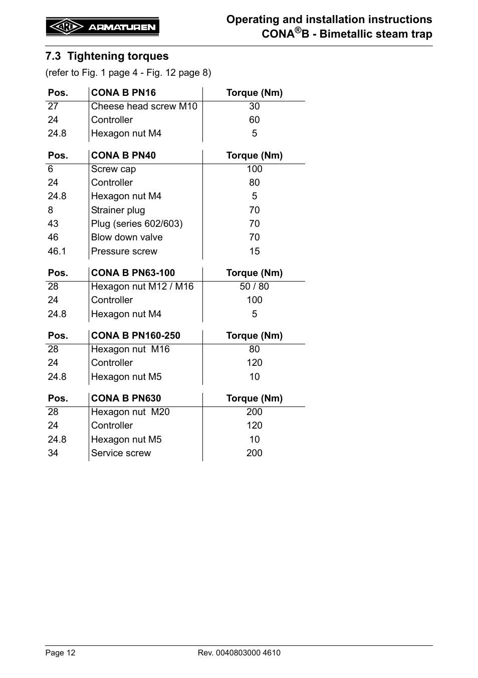 3 tightening torques | ARI Armaturen CONA B PN630 EN User Manual | Page 12 / 15