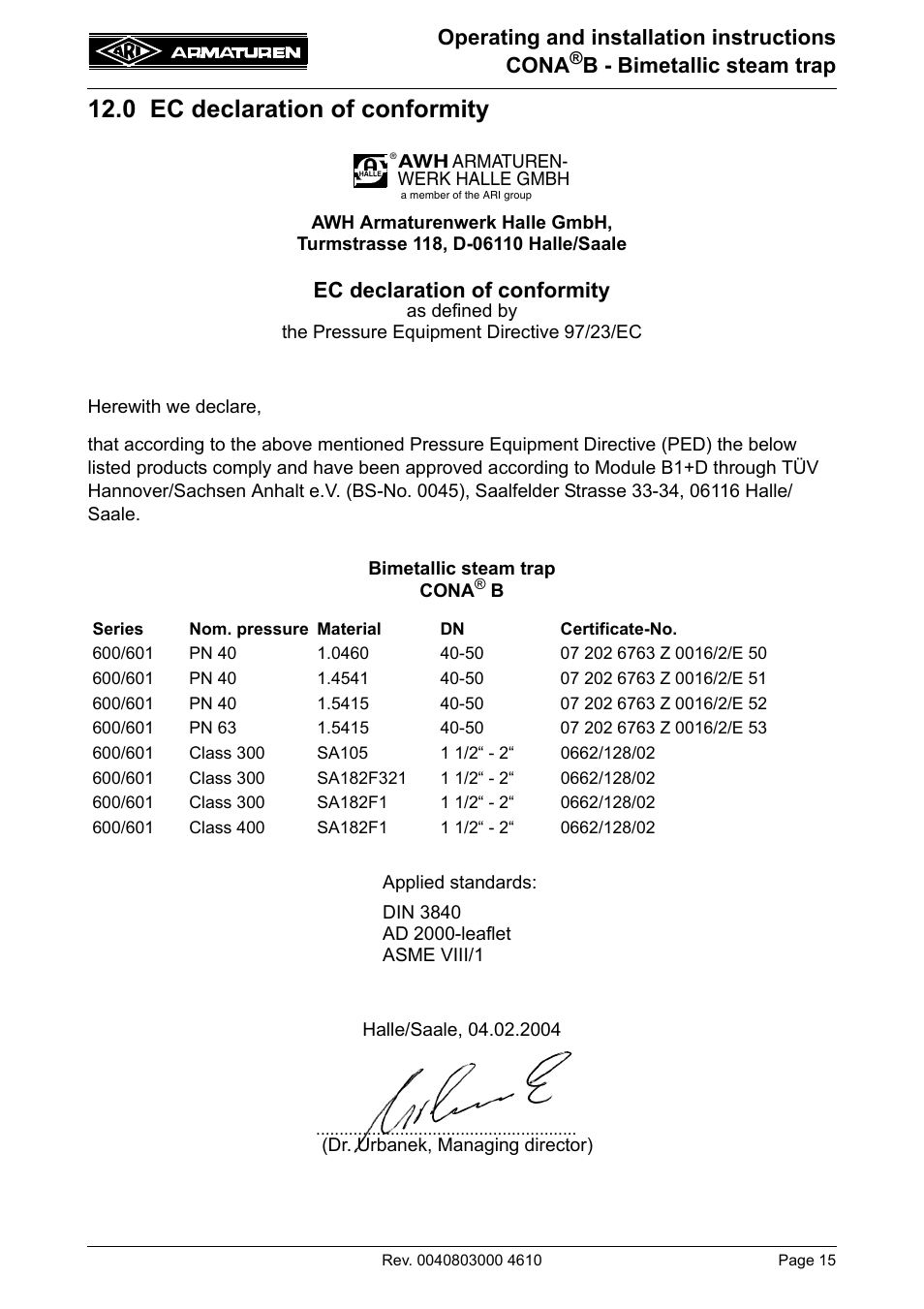 0 ec declaration of conformity, Operating and installation instructions cona, B - bimetallic steam trap | Ec declaration of conformity | ARI Armaturen CONA B PN630 EN User Manual | Page 15 / 15