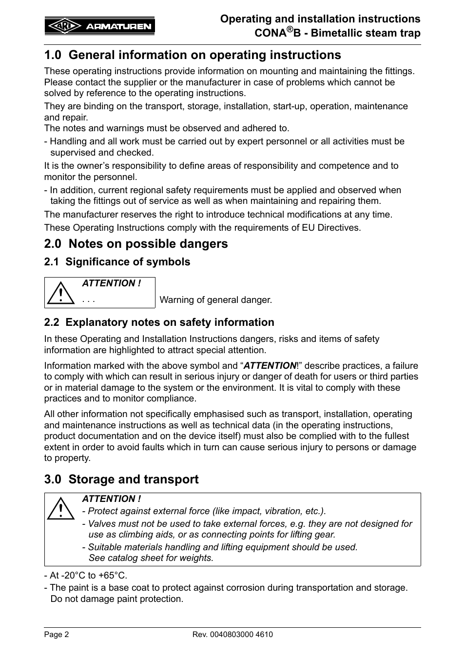 0 general information on operating instructions, 0 notes on possible dangers, 1 significance of symbols | 2 explanatory notes on safety information, 0 storage and transport | ARI Armaturen CONA B PN630 EN User Manual | Page 2 / 15