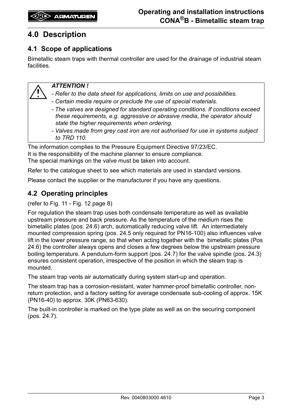 0 description, 1 scope of applications, 2 operating principles | ARI Armaturen CONA B PN630 EN User Manual | Page 3 / 15