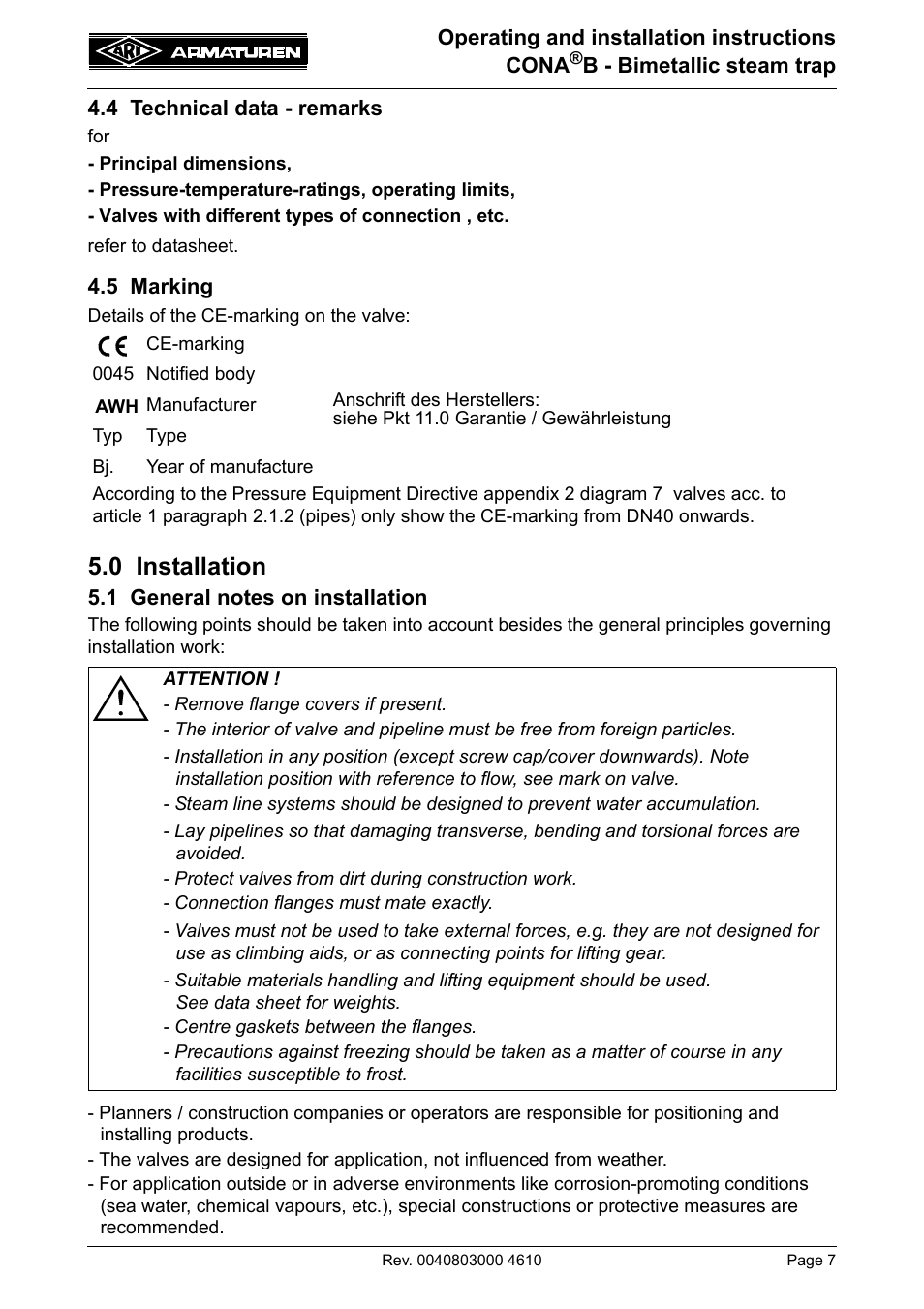 4 technical data - remarks, 5 marking, 0 installation | 1 general notes on installation | ARI Armaturen CONA B PN630 EN User Manual | Page 7 / 15