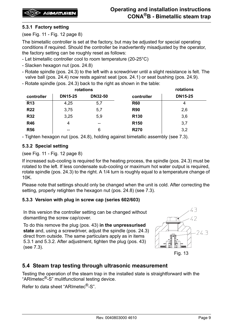 1 factory setting, 2 special setting, 3 version with plug in screw cap (series 602/603) | Operating and installation instructions cona, B - bimetallic steam trap | ARI Armaturen CONA B PN630 EN User Manual | Page 9 / 15