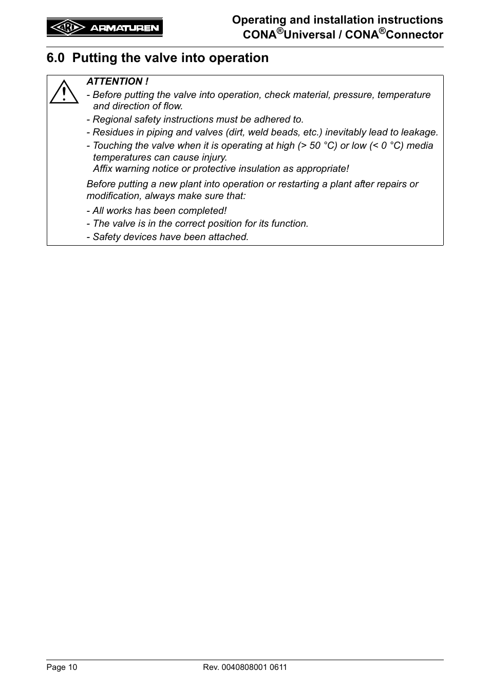 0 putting the valve into operation | ARI Armaturen CONA Universal ANSI 300 EN User Manual | Page 10 / 17