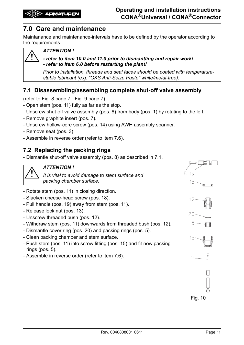 0 care and maintenance, 2 replacing the packing rings | ARI Armaturen CONA Universal ANSI 300 EN User Manual | Page 11 / 17