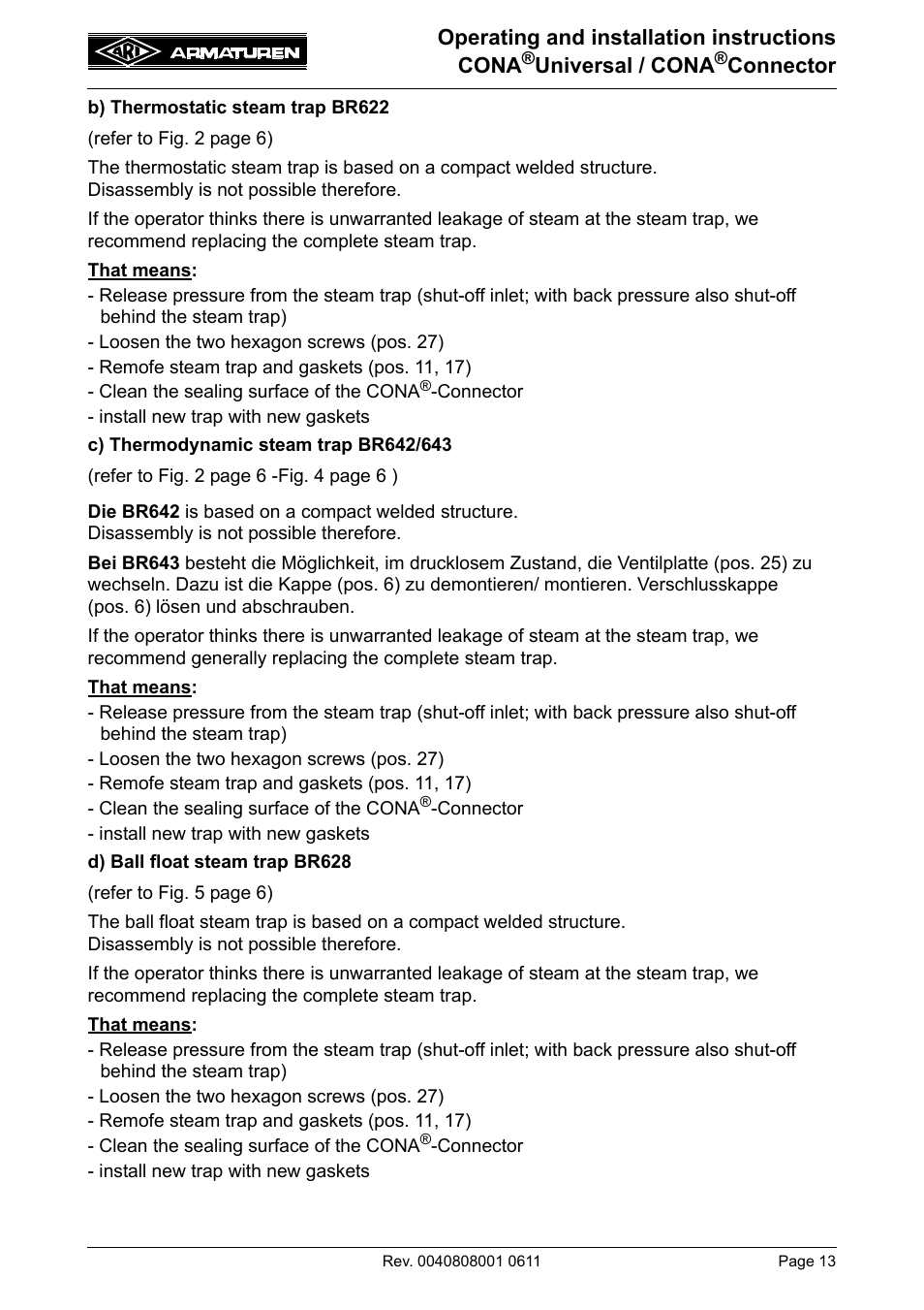 Operating and installation instructions cona, Universal / cona, Connector | ARI Armaturen CONA Universal ANSI 300 EN User Manual | Page 13 / 17
