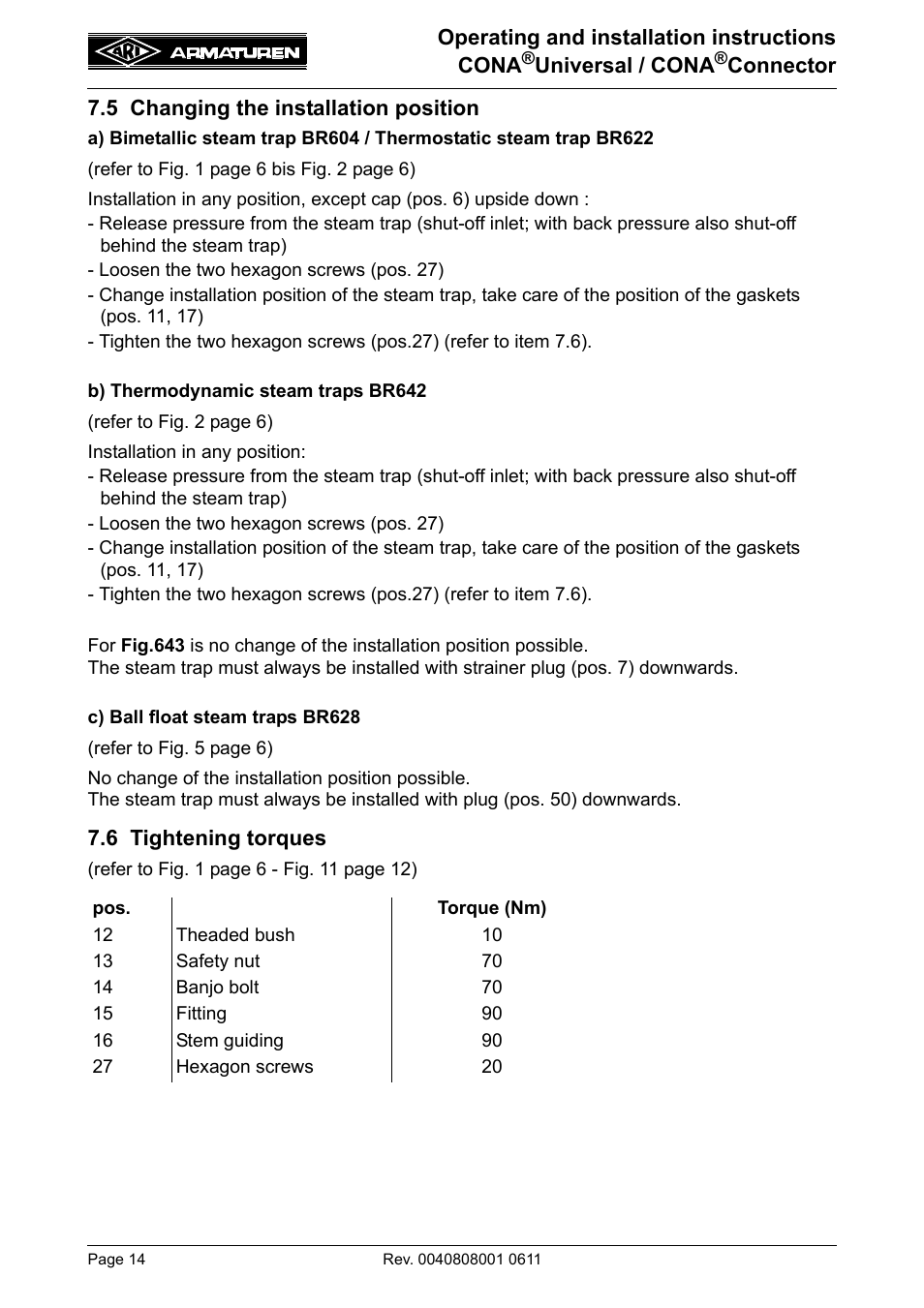 5 changing the installation position, 6 tightening torques | ARI Armaturen CONA Universal ANSI 300 EN User Manual | Page 14 / 17