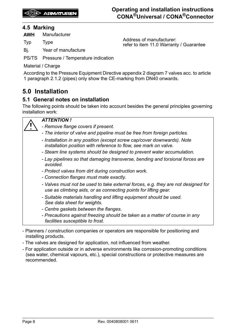 5 marking, 0 installation, 1 general notes on installation | ARI Armaturen CONA Universal ANSI 300 EN User Manual | Page 8 / 17