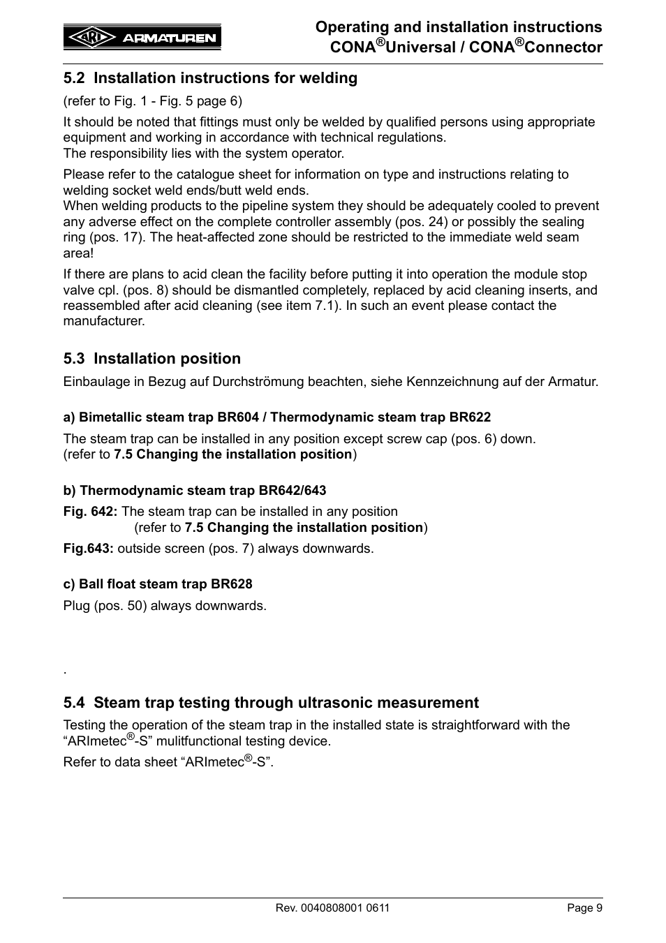 2 installation instructions for welding, 3 installation position | ARI Armaturen CONA Universal ANSI 300 EN User Manual | Page 9 / 17