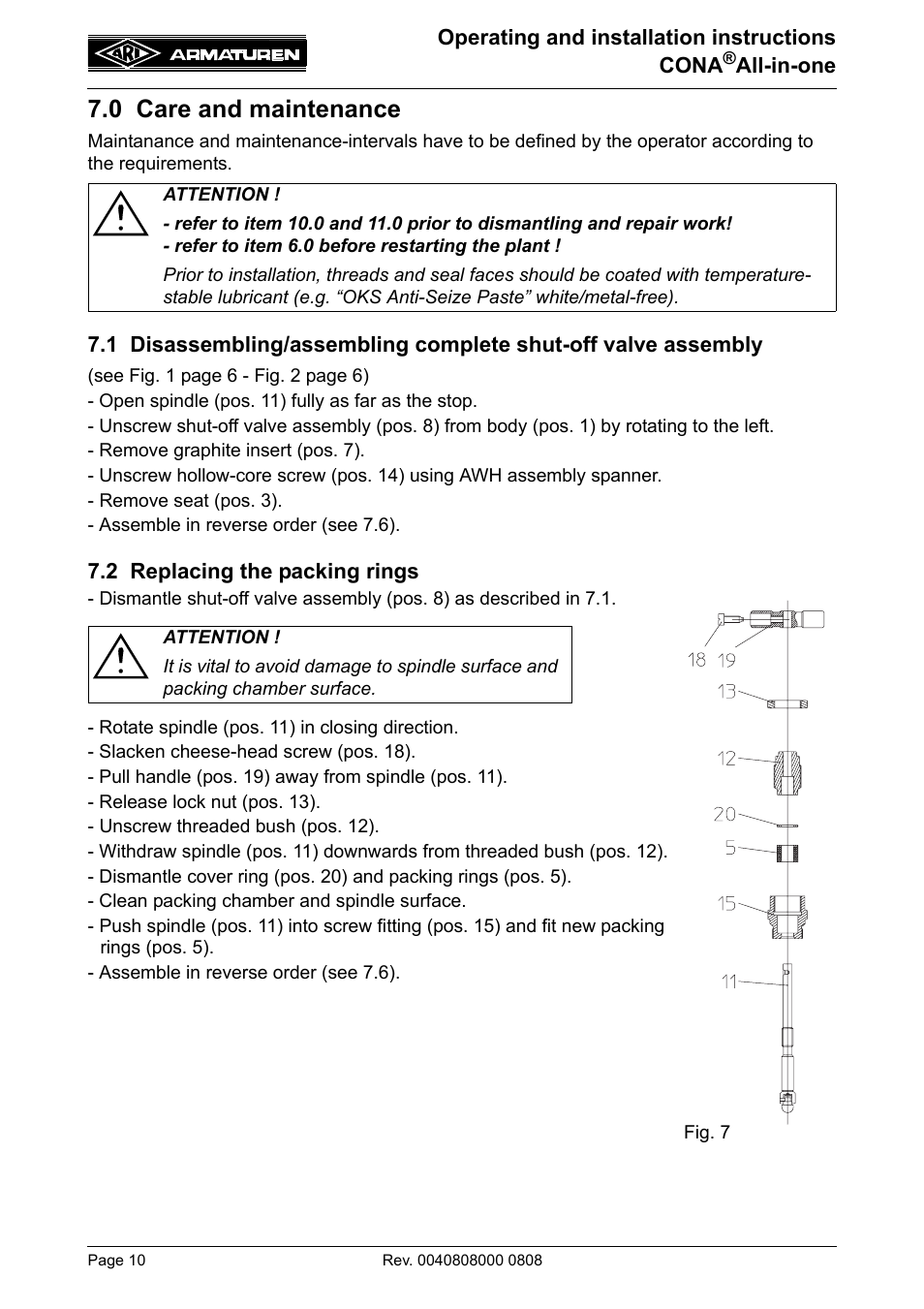 0 care and maintenance, 2 replacing the packing rings | ARI Armaturen CONA all-in-one PN40 EN User Manual | Page 10 / 18