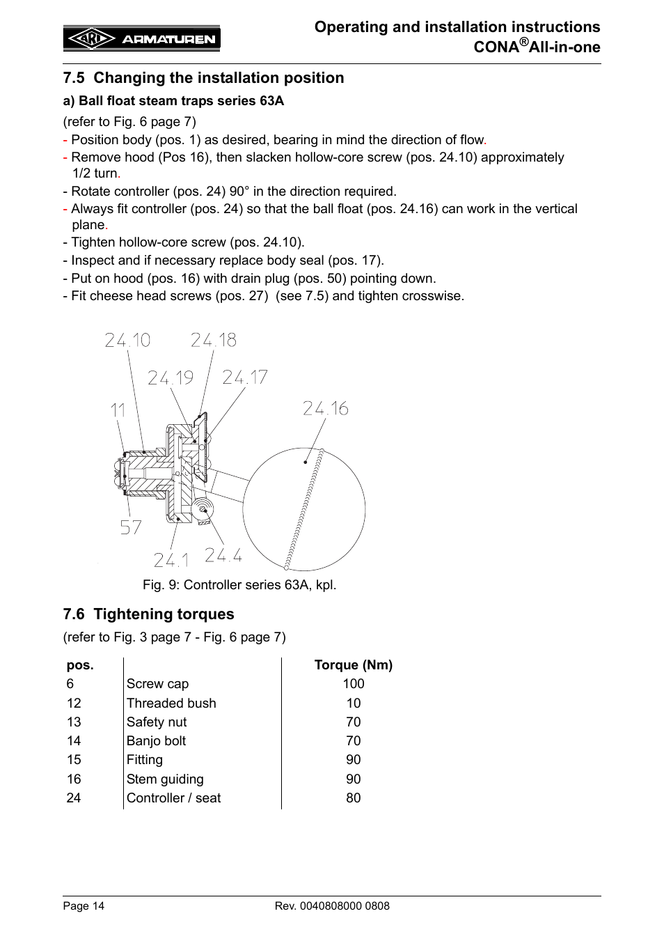 5 changing the installation position, 6 tightening torques, Assemble in reverse order (see 7.6) | Pos. 24) and tighten (see 7.6), Pos. 6) (see 7.6) | ARI Armaturen CONA all-in-one PN40 EN User Manual | Page 14 / 18