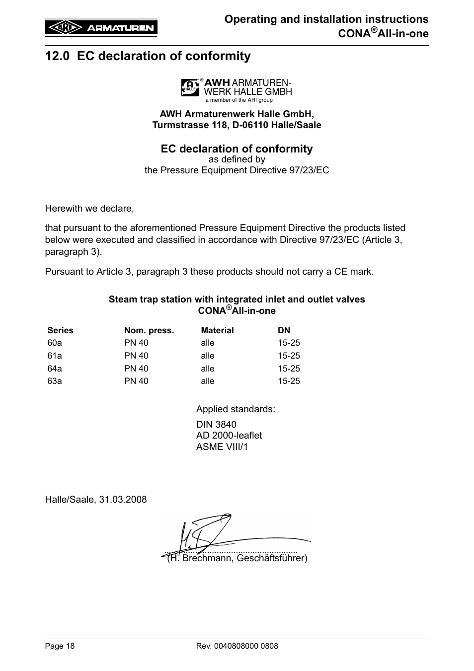 0 ec declaration of conformity, Operating and installation instructions cona, All-in-one | Ec declaration of conformity | ARI Armaturen CONA all-in-one PN40 EN User Manual | Page 18 / 18