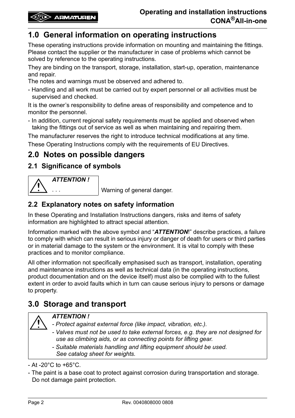 0 general information on operating instructions, 0 notes on possible dangers, 1 significance of symbols | 2 explanatory notes on safety information, 0 storage and transport | ARI Armaturen CONA all-in-one PN40 EN User Manual | Page 2 / 18