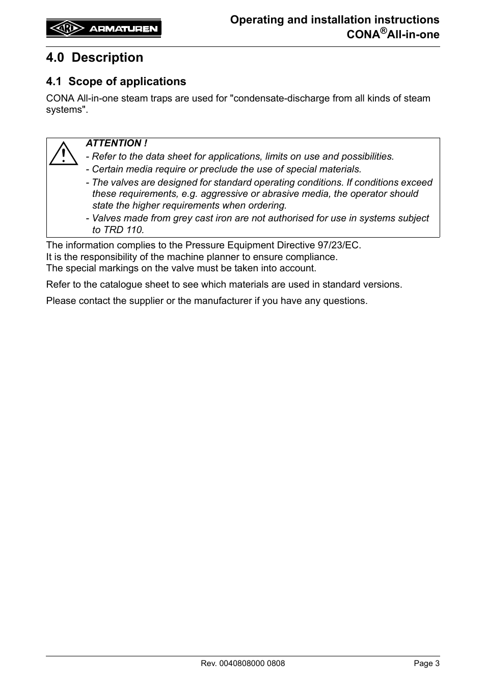 0 description, 1 scope of applications | ARI Armaturen CONA all-in-one PN40 EN User Manual | Page 3 / 18