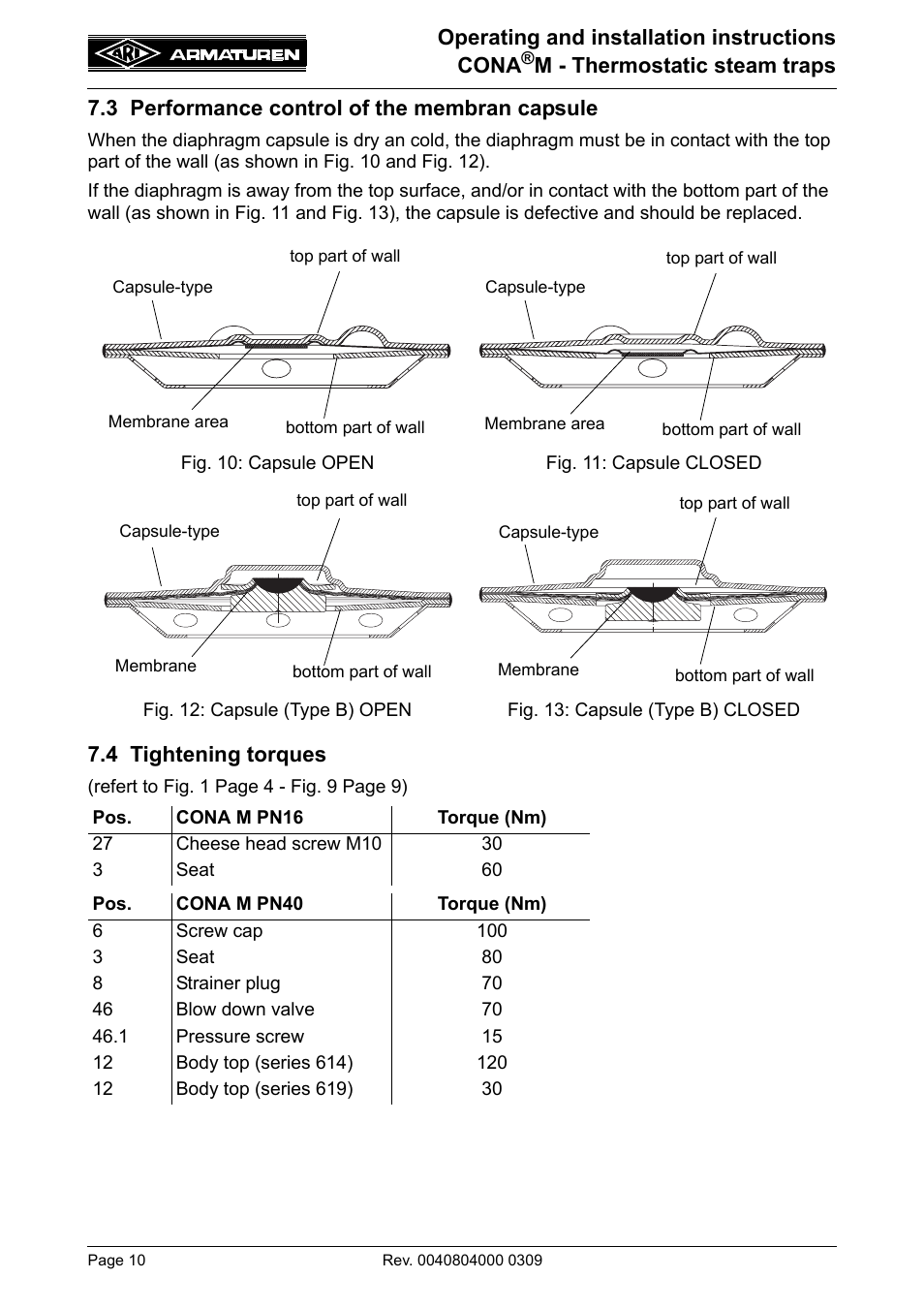 3 performance control of the membran capsule, 4 tightening torques | ARI Armaturen CONA M PN40 EN User Manual | Page 10 / 13