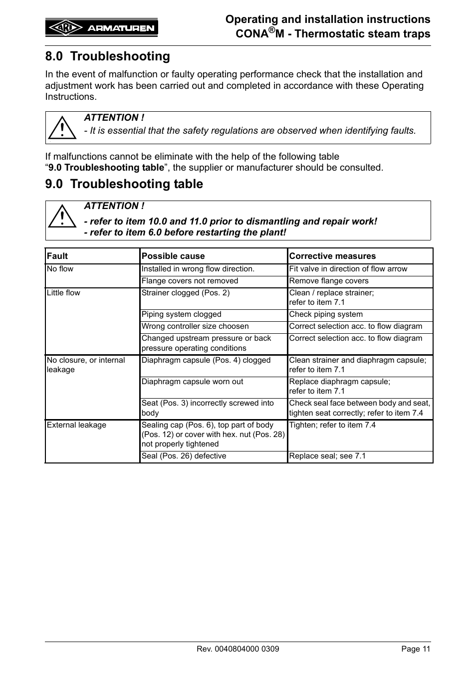 0 troubleshooting, 0 troubleshooting table, Operating and installation instructions cona | M - thermostatic steam traps | ARI Armaturen CONA M PN40 EN User Manual | Page 11 / 13