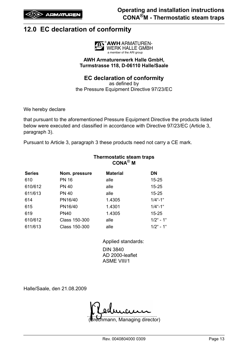 0 ec declaration of conformity, Operating and installation instructions cona, M - thermostatic steam traps | Ec declaration of conformity | ARI Armaturen CONA M PN40 EN User Manual | Page 13 / 13