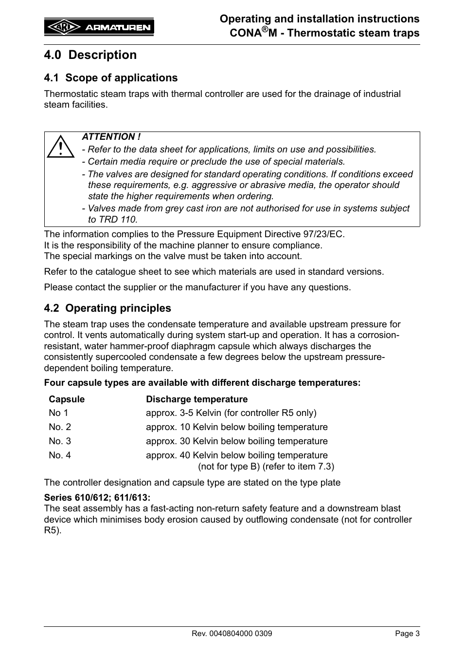 0 description, 1 scope of applications, 2 operating principles | ARI Armaturen CONA M PN40 EN User Manual | Page 3 / 13