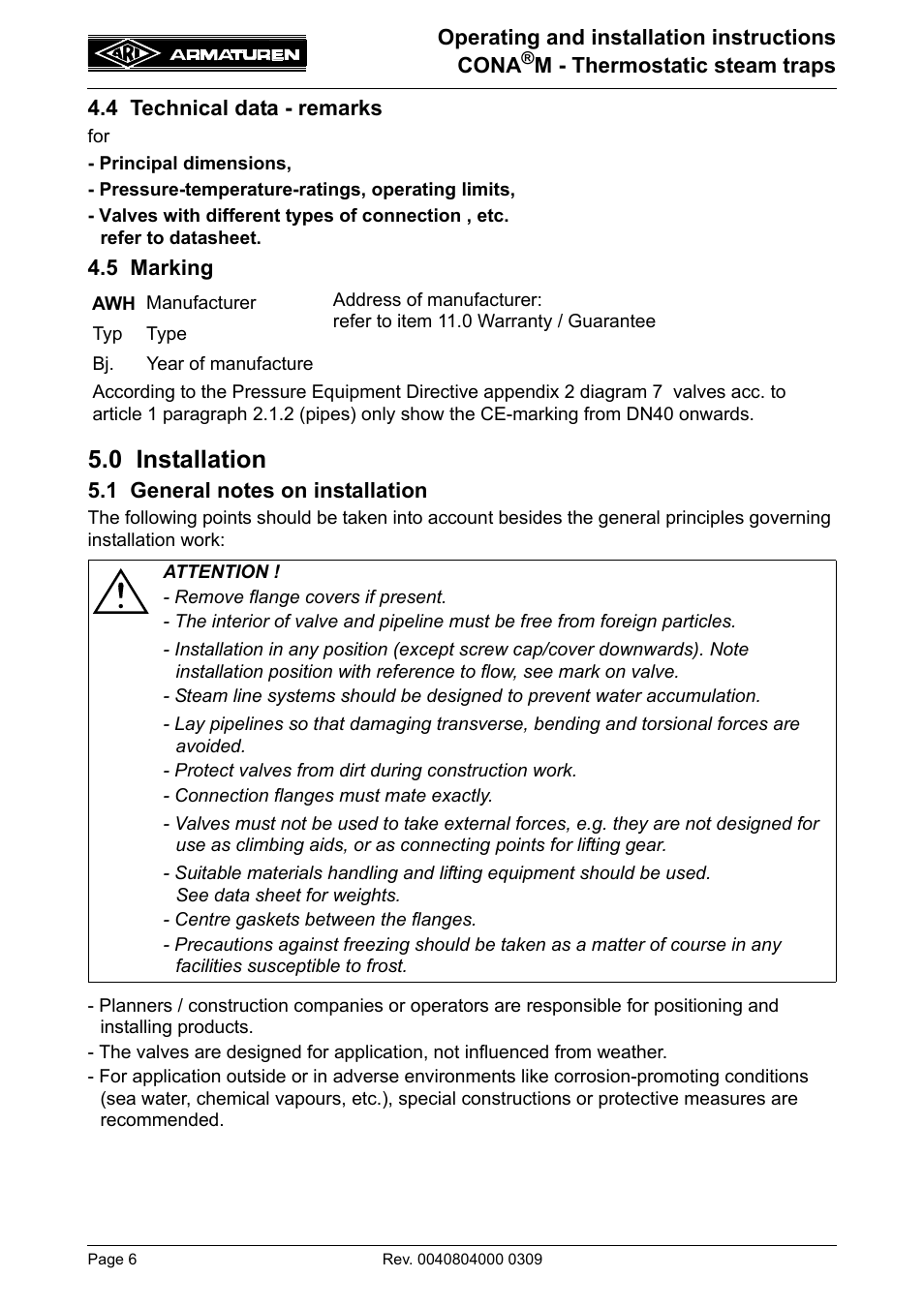 4 technical data - remarks, 5 marking, 0 installation | 1 general notes on installation | ARI Armaturen CONA M PN40 EN User Manual | Page 6 / 13