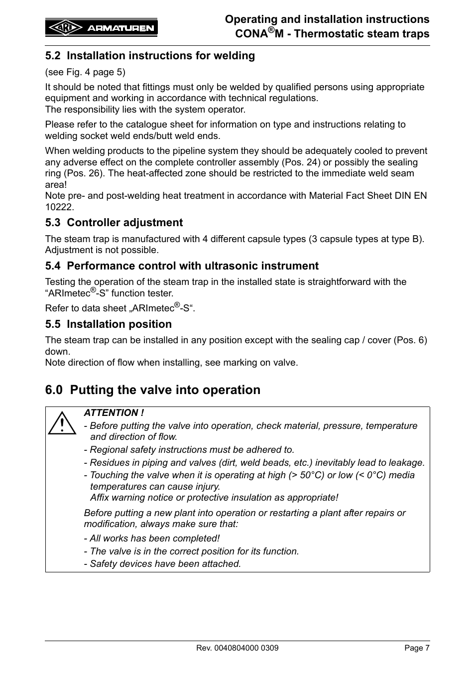 2 installation instructions for welding, 3 controller adjustment, 4 performance control with ultrasonic instrument | 5 installation position, 0 putting the valve into operation | ARI Armaturen CONA M PN40 EN User Manual | Page 7 / 13