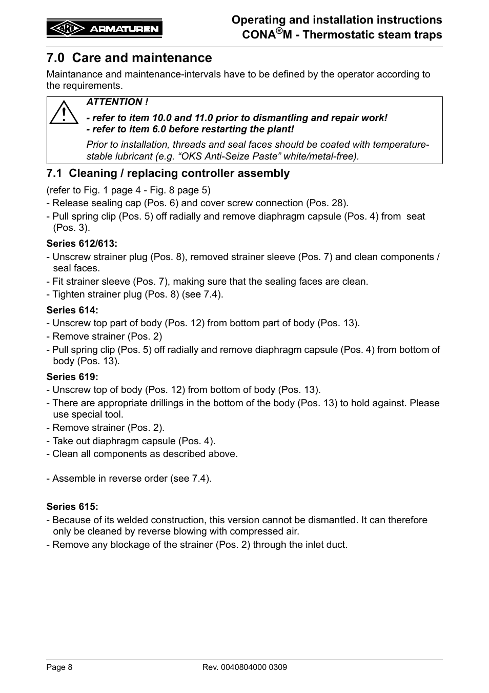 0 care and maintenance, 1 cleaning / replacing controller assembly | ARI Armaturen CONA M PN40 EN User Manual | Page 8 / 13