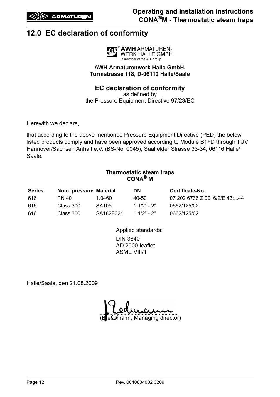 0 ec declaration of conformity, Operating and installation instructions cona, M - thermostatic steam traps | Ec declaration of conformity | ARI Armaturen CONA M PN40 EN User Manual | Page 12 / 12