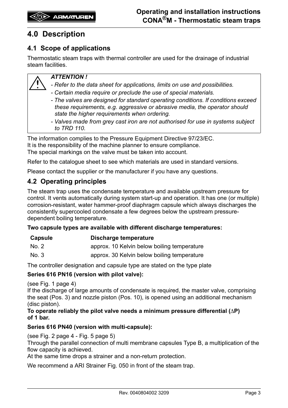 0 description, 1 scope of applications, 2 operating principles | ARI Armaturen CONA M PN40 EN User Manual | Page 3 / 12