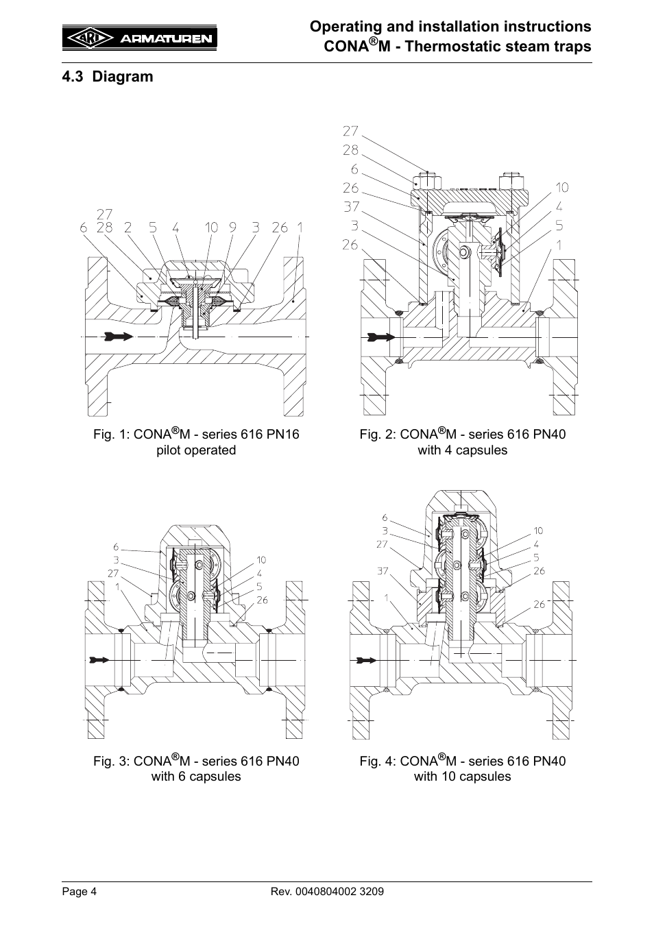 3 diagram, Operating and installation instructions cona, M - thermostatic steam traps 4.3 diagram | ARI Armaturen CONA M PN40 EN User Manual | Page 4 / 12