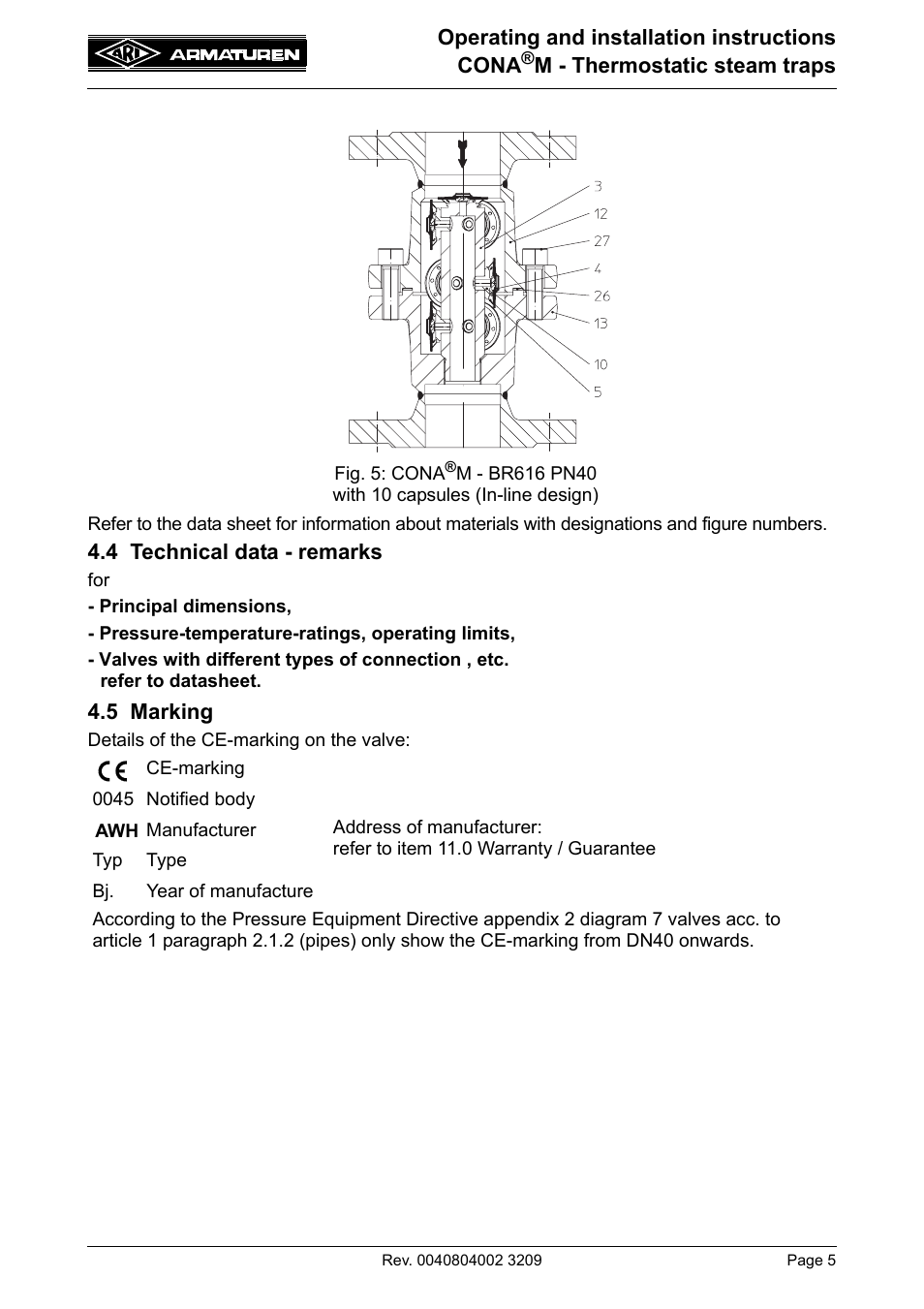4 technical data - remarks, 5 marking | ARI Armaturen CONA M PN40 EN User Manual | Page 5 / 12