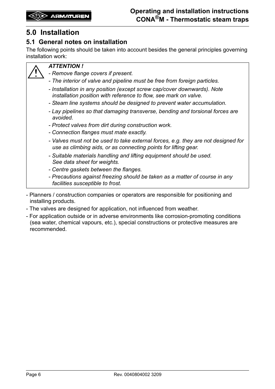 0 installation, 1 general notes on installation | ARI Armaturen CONA M PN40 EN User Manual | Page 6 / 12