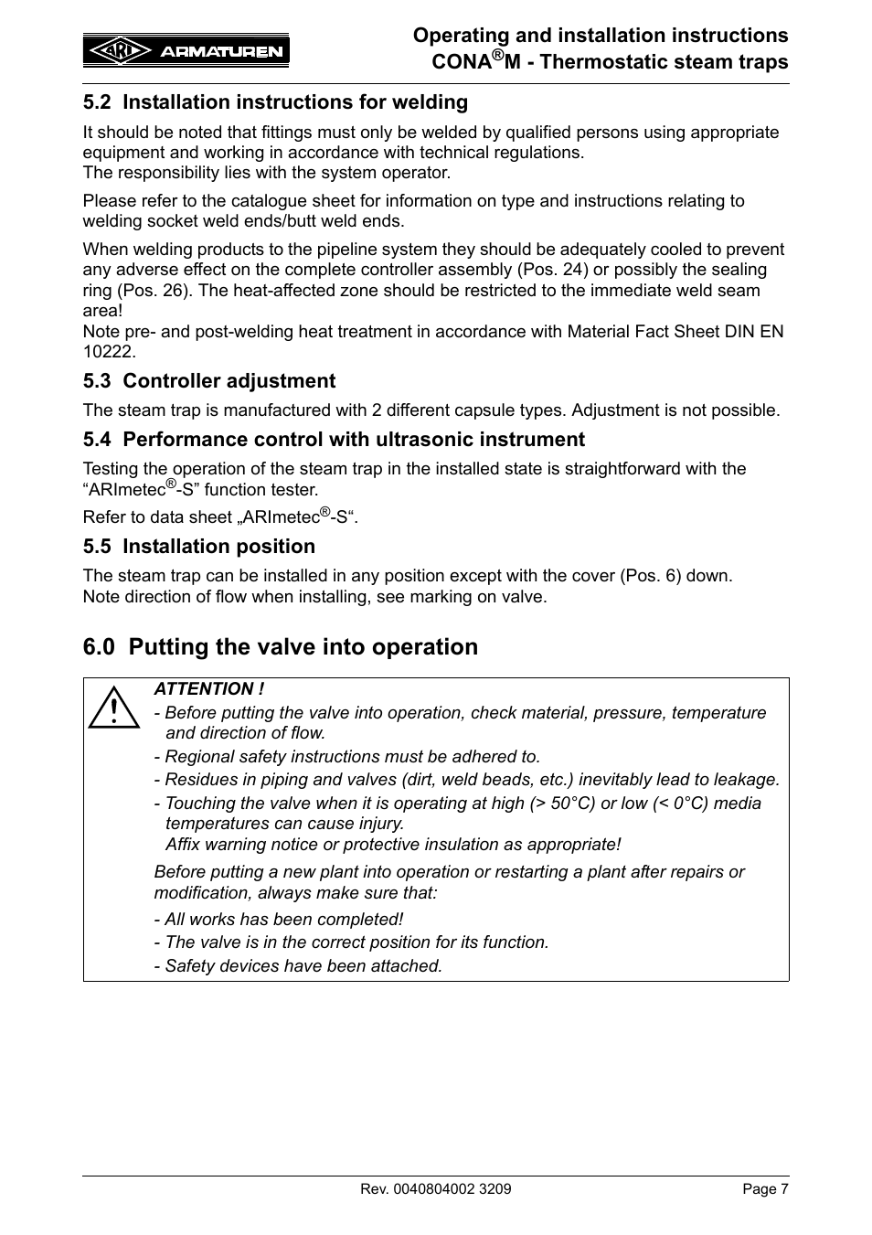 2 installation instructions for welding, 3 controller adjustment, 4 performance control with ultrasonic instrument | 5 installation position, 0 putting the valve into operation | ARI Armaturen CONA M PN40 EN User Manual | Page 7 / 12