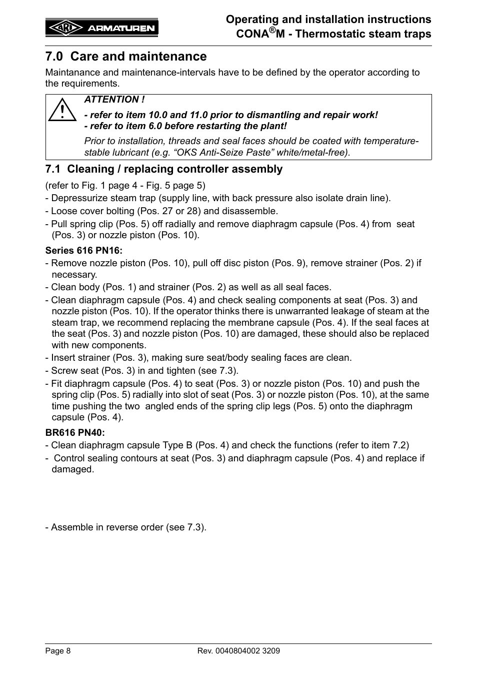 0 care and maintenance, 1 cleaning / replacing controller assembly | ARI Armaturen CONA M PN40 EN User Manual | Page 8 / 12