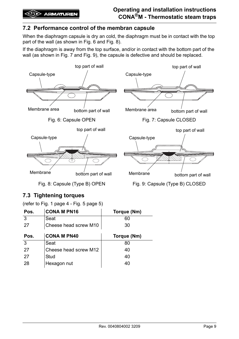 2 performance control of the membran capsule, 3 tightening torques, In and tighten (see 7.3) | The functions (refer to item 7.2), Assemble in reverse order (see 7.3), Operating and installation instructions cona | ARI Armaturen CONA M PN40 EN User Manual | Page 9 / 12