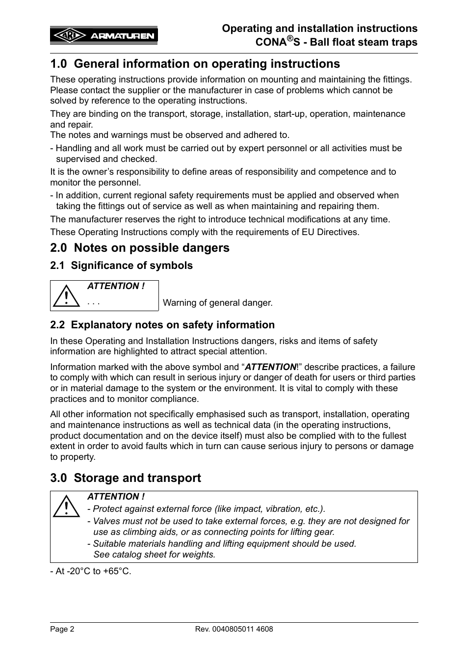 0 general information on operating instructions, 0 notes on possible dangers, 1 significance of symbols | 2 explanatory notes on safety information, 0 storage and transport | ARI Armaturen CONA S PN16 EN User Manual | Page 2 / 9