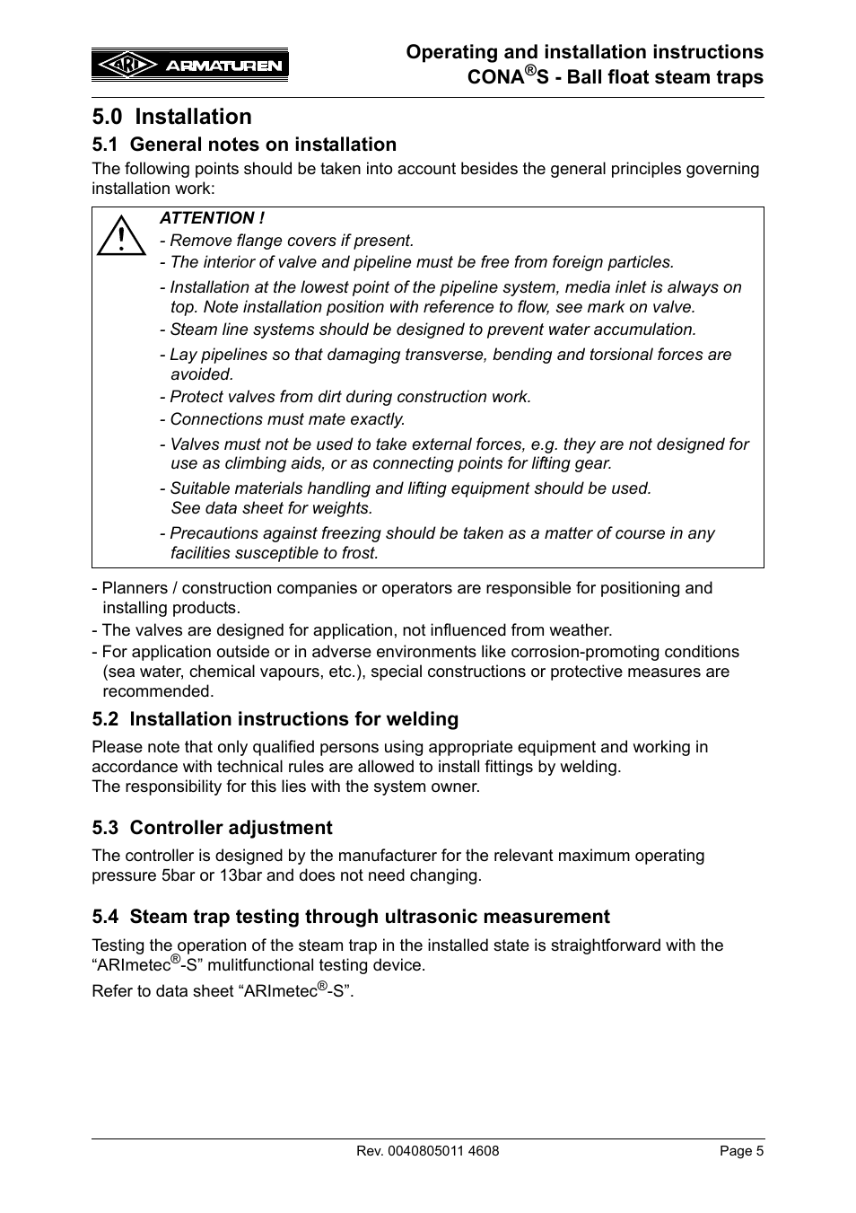 0 installation, 1 general notes on installation, 2 installation instructions for welding | 3 controller adjustment | ARI Armaturen CONA S PN16 EN User Manual | Page 5 / 9