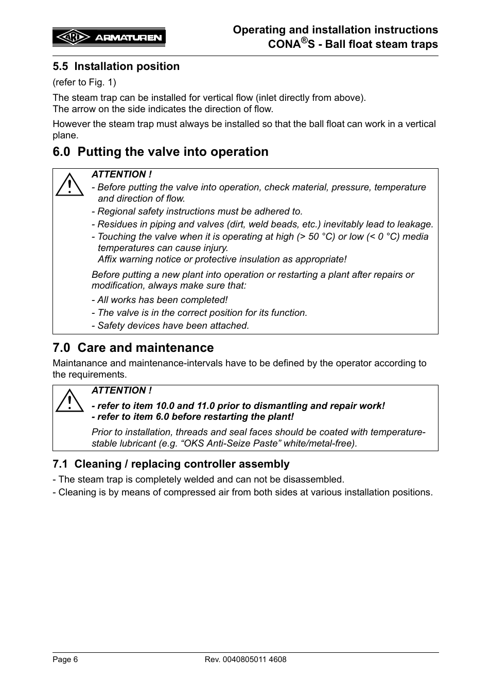 5 installation position, 0 putting the valve into operation, 0 care and maintenance | 1 cleaning / replacing controller assembly | ARI Armaturen CONA S PN16 EN User Manual | Page 6 / 9