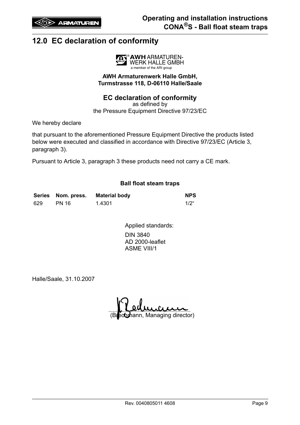0 ec declaration of conformity, Operating and installation instructions cona, S - ball float steam traps | Ec declaration of conformity | ARI Armaturen CONA S PN16 EN User Manual | Page 9 / 9