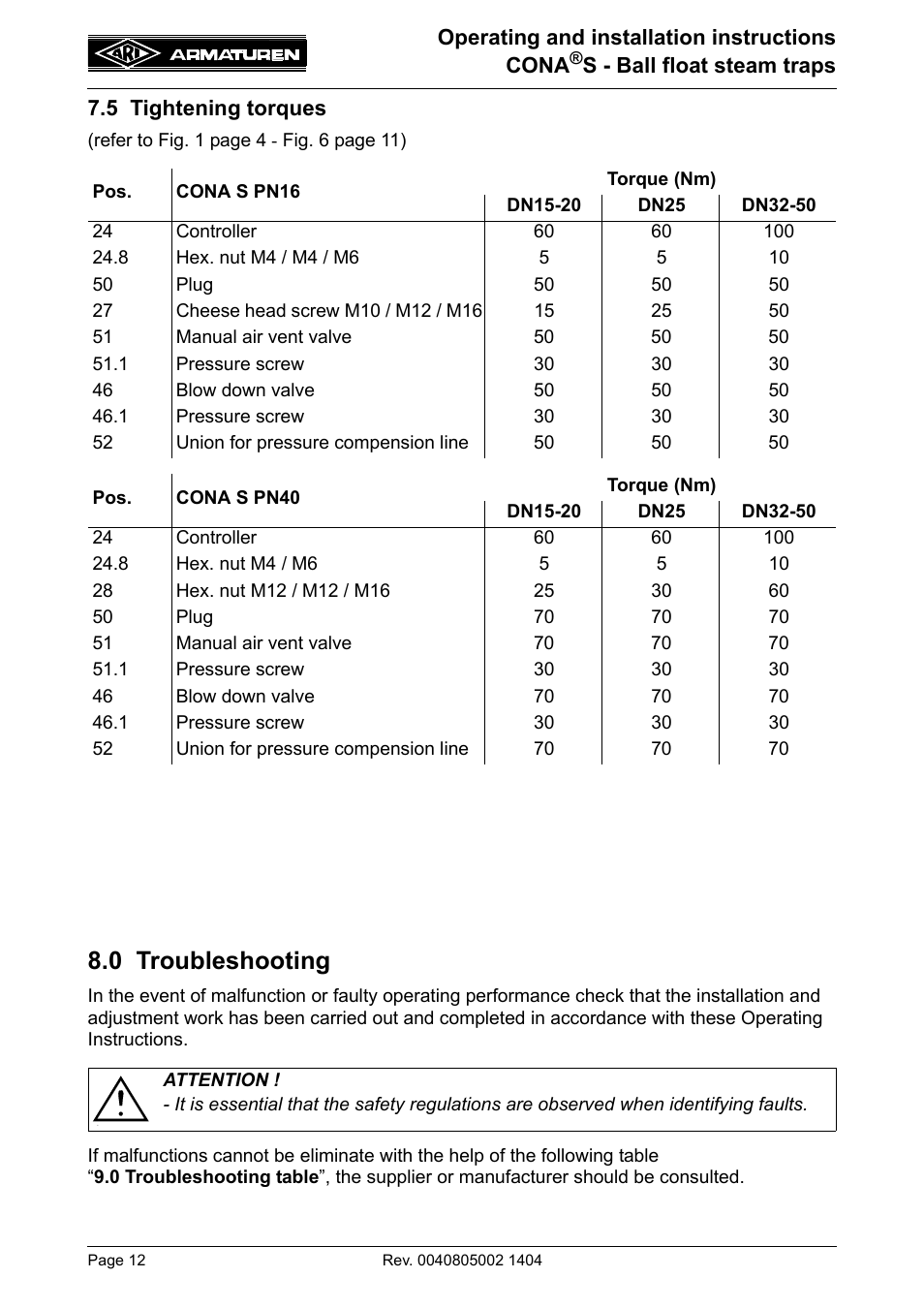 0 troubleshooting | ARI Armaturen CONA S PN40 EN User Manual | Page 12 / 15