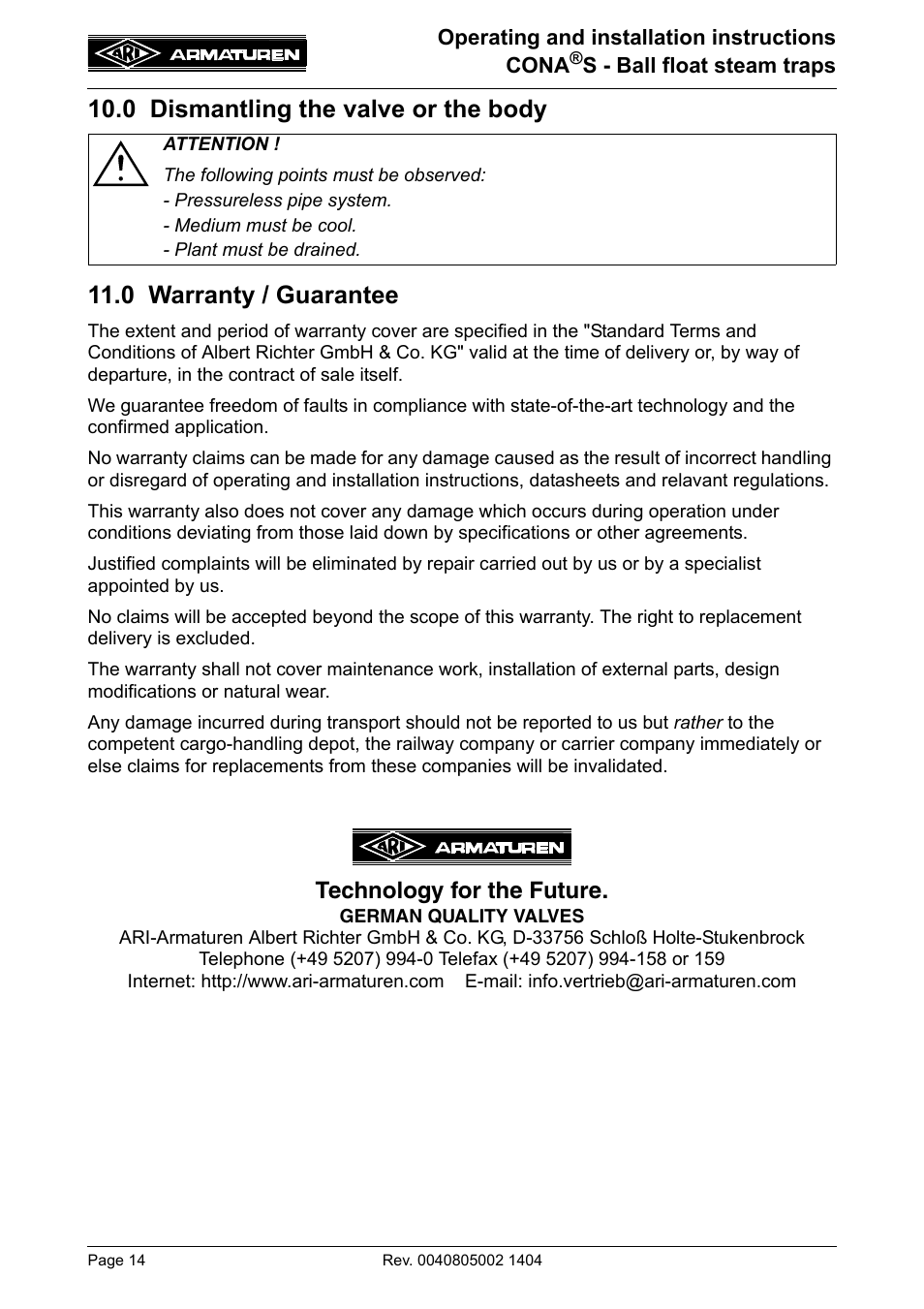 0 dismantling the valve or the body, 0 warranty / guarantee, Technology for the future | ARI Armaturen CONA S PN40 EN User Manual | Page 14 / 15