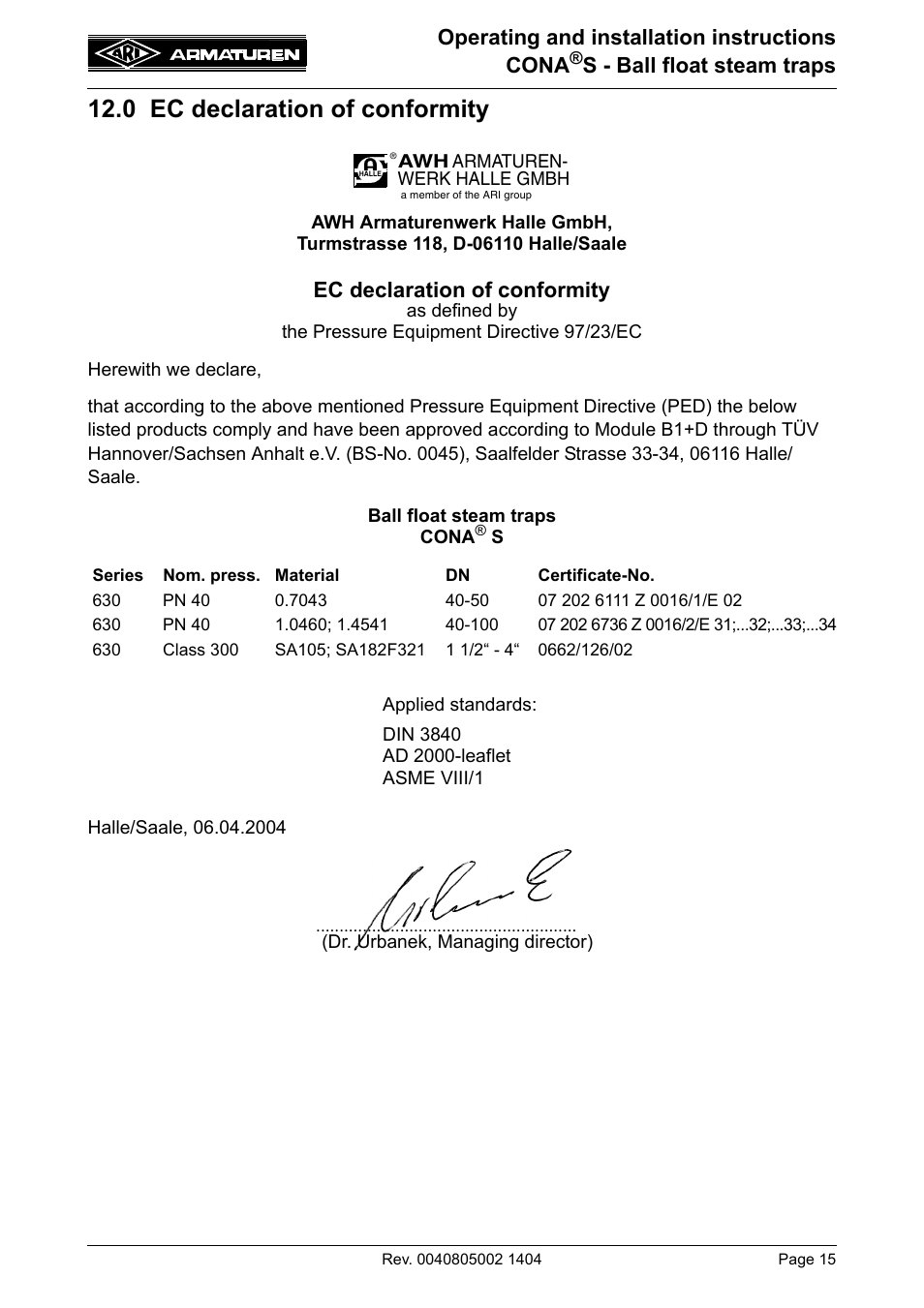 0 ec declaration of conformity, Operating and installation instructions cona, S - ball float steam traps | Ec declaration of conformity | ARI Armaturen CONA S PN40 EN User Manual | Page 15 / 15