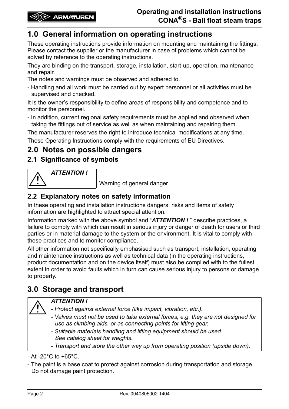 0 general information on operating instructions, 0 notes on possible dangers, 0 storage and transport | ARI Armaturen CONA S PN40 EN User Manual | Page 2 / 15