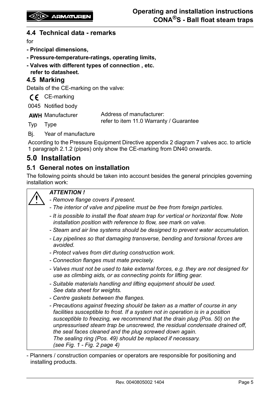 0 installation | ARI Armaturen CONA S PN40 EN User Manual | Page 5 / 15